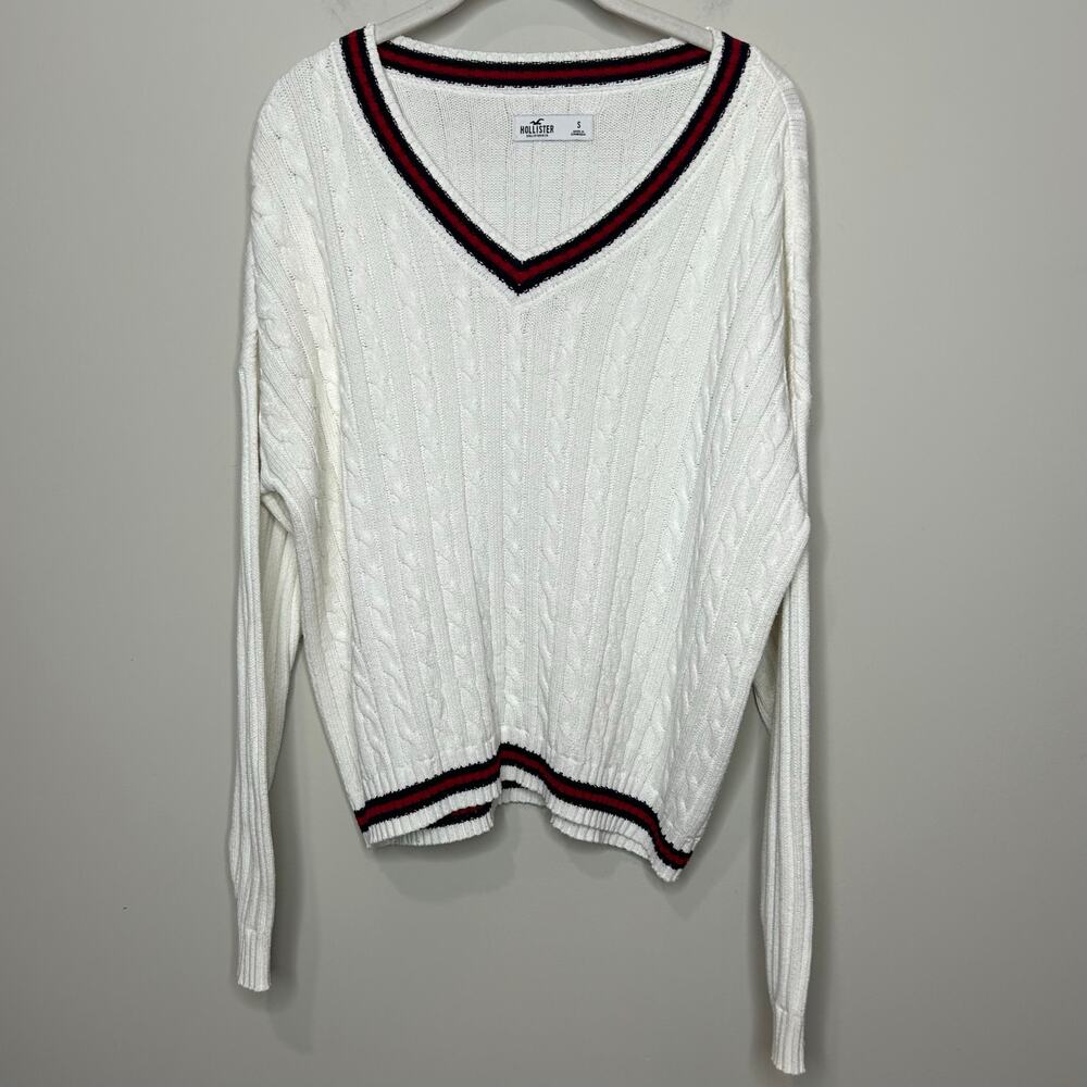 Hollister Oversized V-Neck Cable Knit Sweater Size S Preppy Tennis Varsity